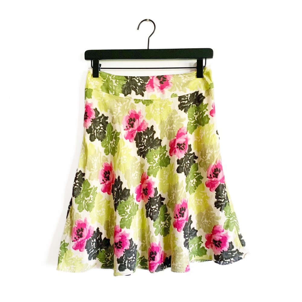 Ann Taylor Pure Silk Floral A-Line Skirt Green Pink Flowy